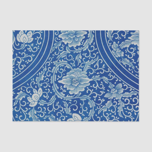 Antique Classic Chinese Floral Cobalt Blue Pattern Tissue Paper (Front)