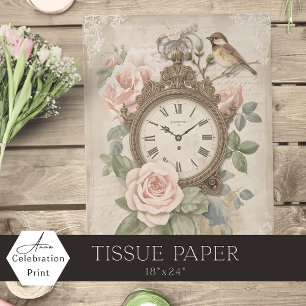 Antique Clock Pink Roses & Bird Cottagecore  Tissue Paper