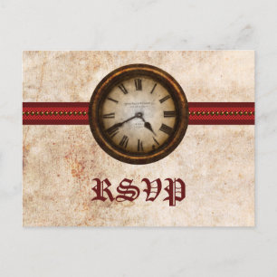 Antique Clock RSVP Postcard, Red Invitation Postcard