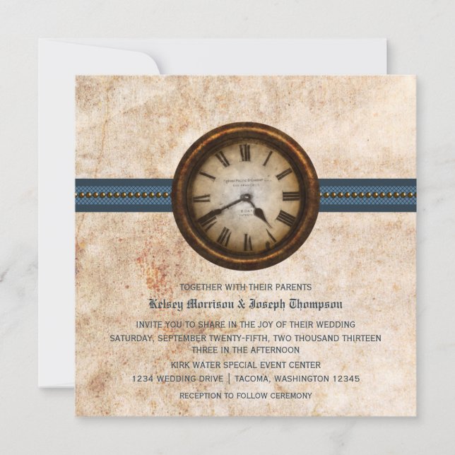 Antique Clock Wedding Invitation, Blue Invitation (Front)