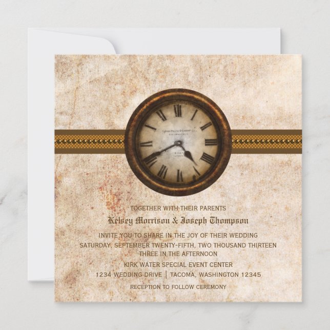Antique Clock Wedding Invitation, Brown Invitation (Front)