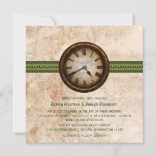 Antique Clock Wedding Invitation, Green Invitation