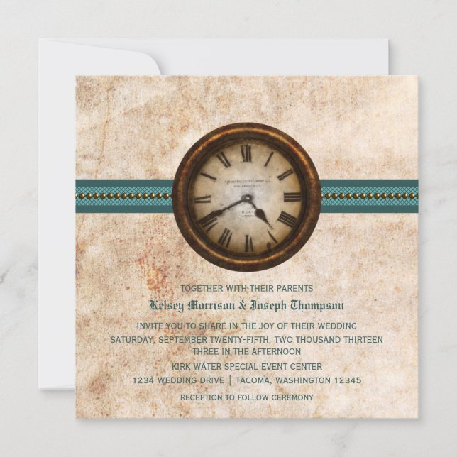 Antique Clock Wedding Invitation, Teal Invitation (Front)