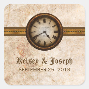 Antique Clock Wedding Stickers, Brown Square Sticker
