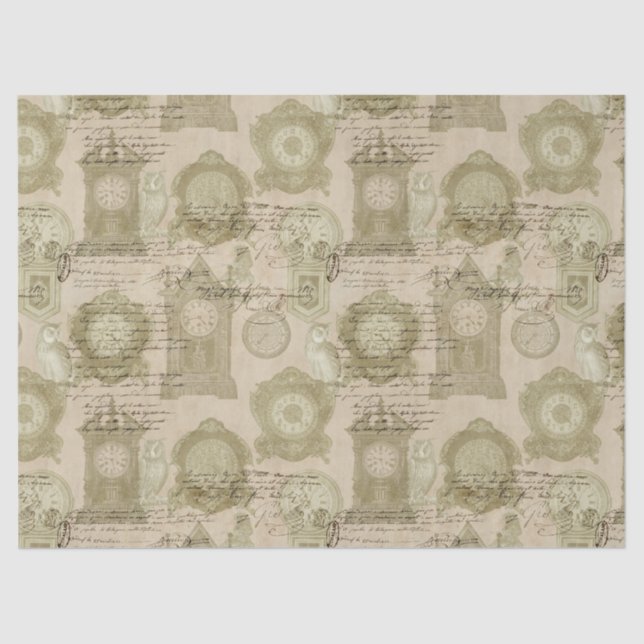 Antique Clocks and Owls Decoupage Tissue Paper (Front)