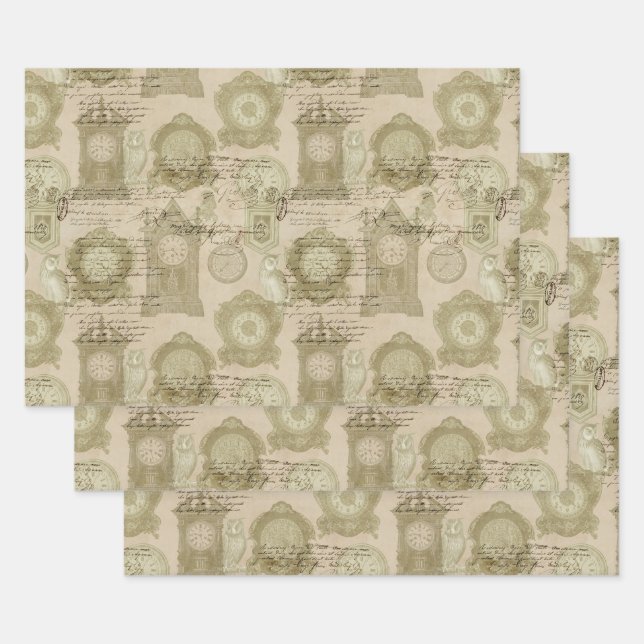 Antique Clocks and Owls Wrapping Paper Sheet (Set)