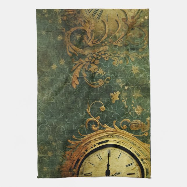 Antique Clockwork Emerald Green Steampunk Tea Towel (Vertical)