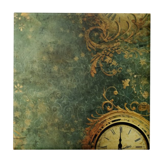 Antique Clockwork Emerald Green Steampunk Tile (Front)