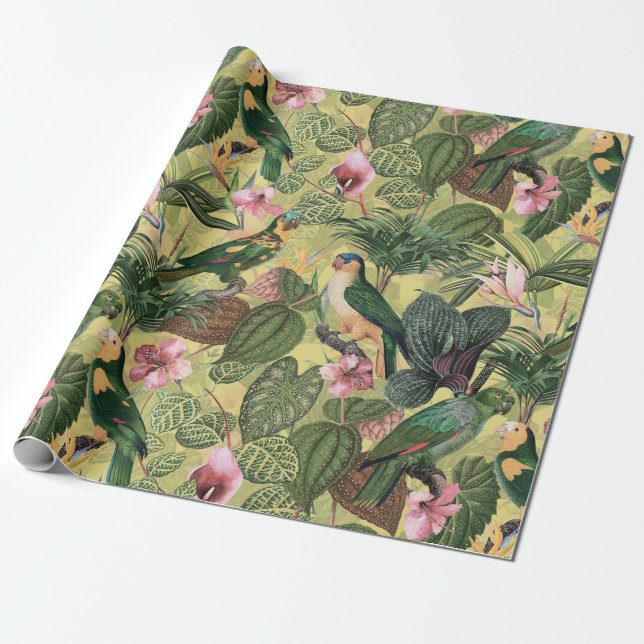 Antique Colorful Parrots Tropical Jungle Pattern Wrapping Paper (Unrolled)