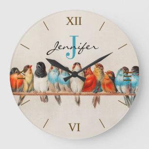 Antique Colourful Birds Watercolor Monogram Name Large Clock