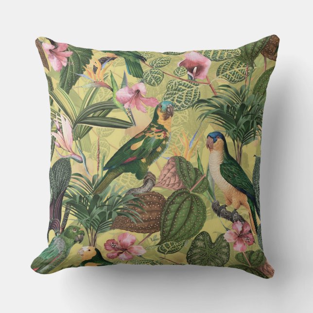 Antique Colourful Parrots Tropical Jungle Pattern Cushion (Front)