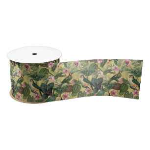 Antique Colourful Parrots Tropical Jungle Pattern Satin Ribbon