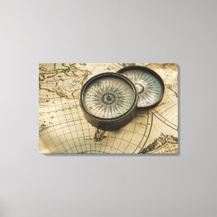 Antique compass on map canvas print