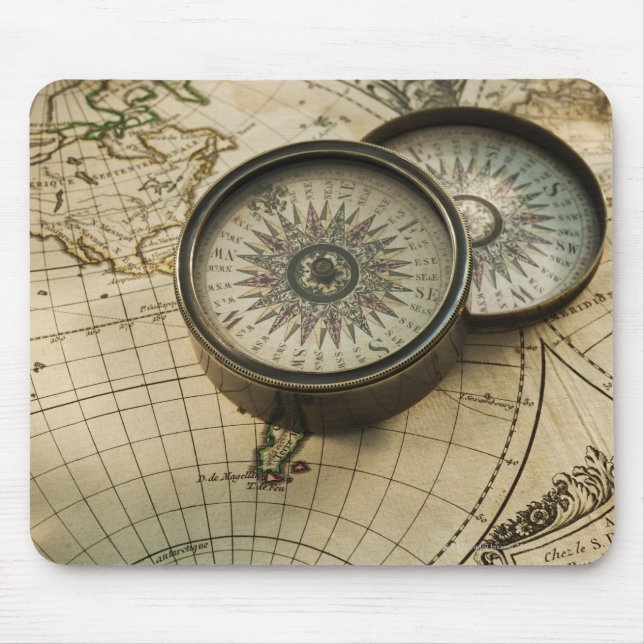 Antique compass on map mouse mat (Front)