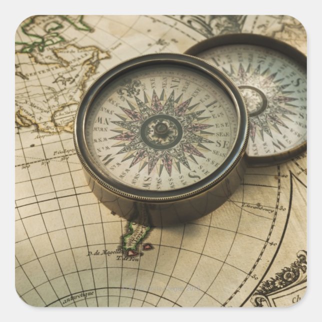 Antique compass on map square sticker (Front)