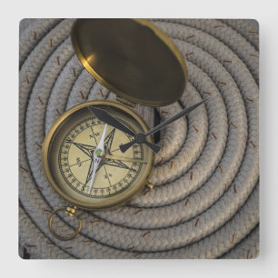 Antique Compass On Sailboat Deck Square Wall Clock
