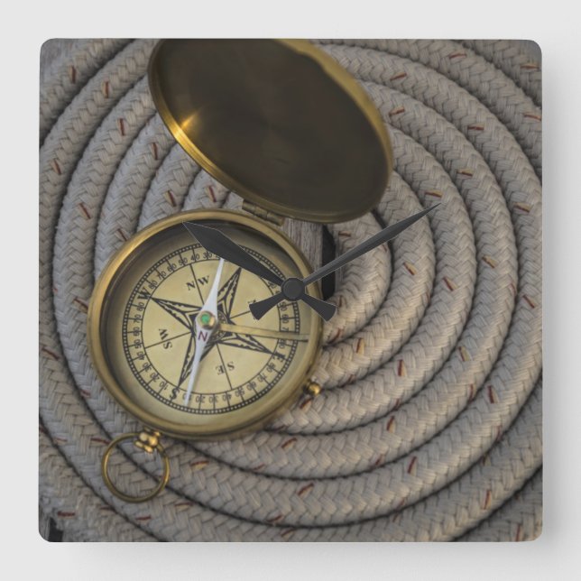 Antique Compass On Sailboat Deck Square Wall Clock (Front)