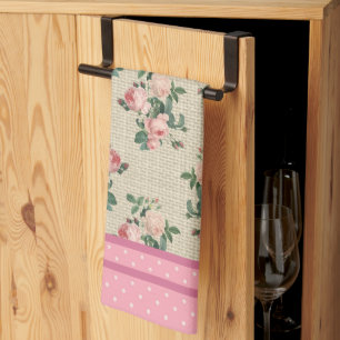 Antique Cottage Roses and Pink Polka Dots Tea Towel