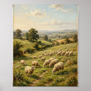 Antique Country Farm Sheep Lambs Pasture I Poster