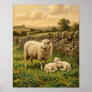 Antique Country Farm Sheep Lambs Pasture II Poster