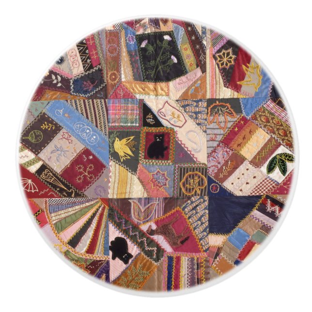 Antique Crazy Quilt Pattern - Folk Art Heirloom Ceramic Knob (Front)