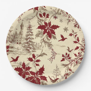 Antique Cream Burgundy Winter Birds Holly Floral Paper Plate