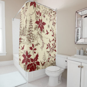 Antique Cream Burgundy Winter Birds Holly Floral Shower Curtain