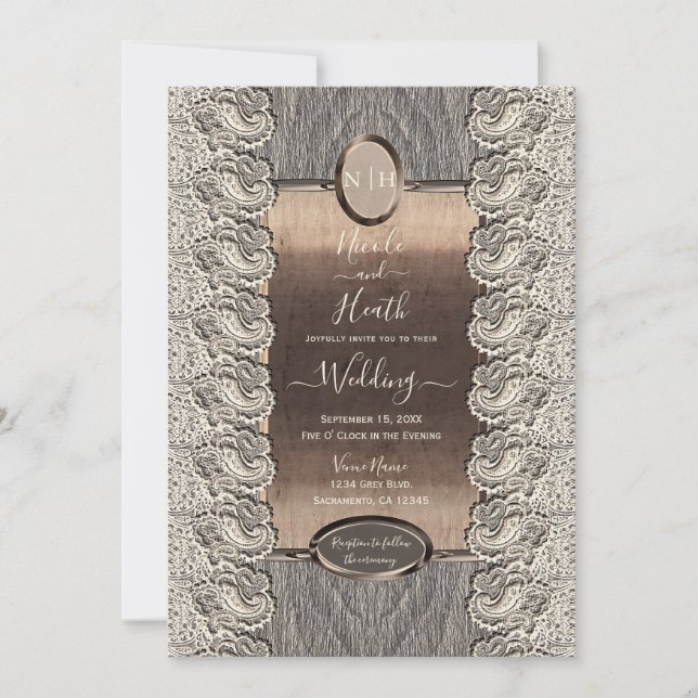 Antique Cream Lace Grey Wood & Copper Wedding    Invitation (Front)