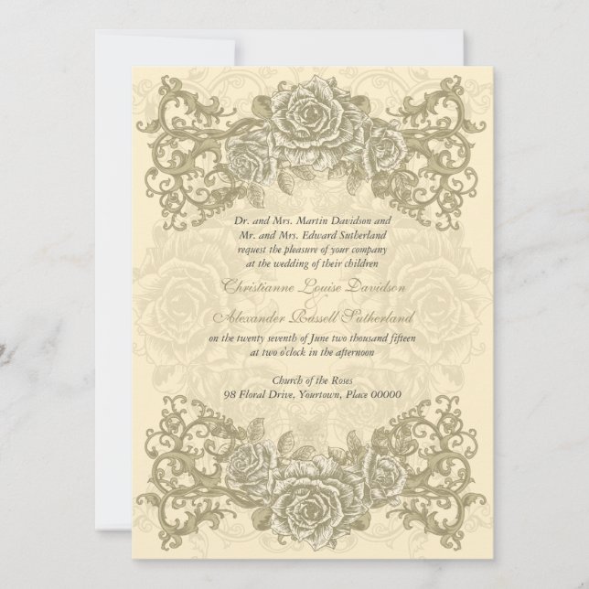 Antique Cream Roses Wedding Invitation (Front)