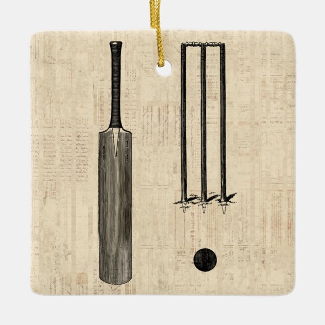 Antique Cricket Bat Vintage Illustrated Art Ceramic Ornament (Front)