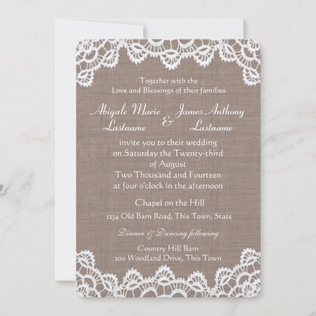 Antique Crochet Lace and Burlap Invitation (Front)