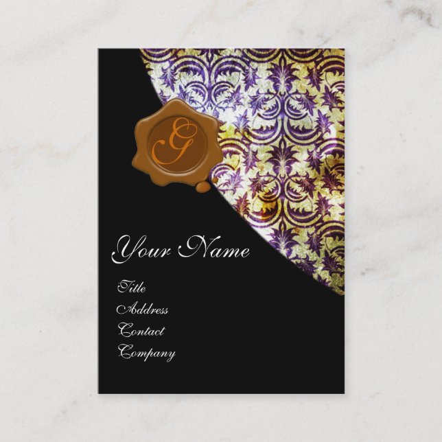 ANTIQUE DAMASK BROWN WAX SEAL MONOGRAM purple Business Card (Front)