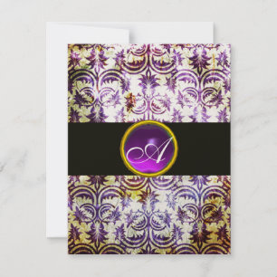 ANTIQUE DAMASK MONOGRAM,black purple,champagne Invitation
