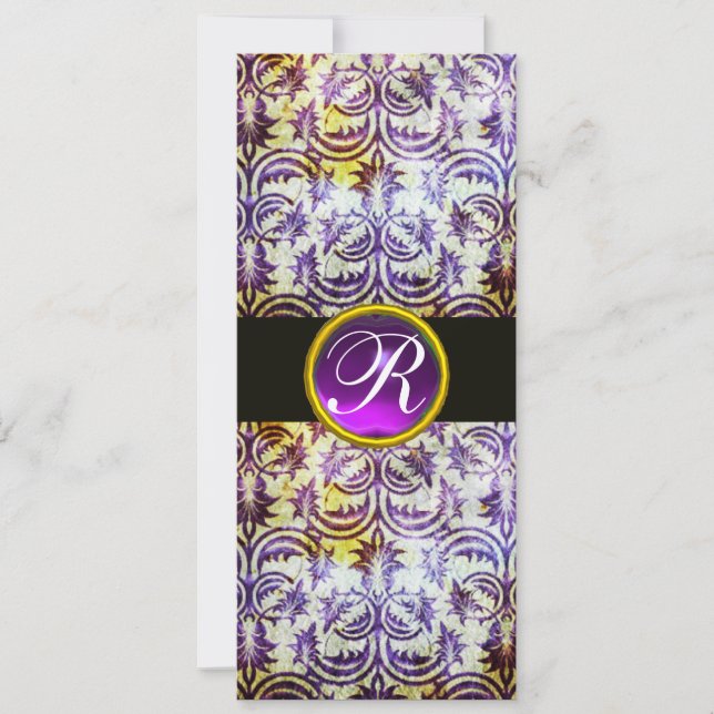 ANTIQUE DAMASK MONOGRAM,black purple,champagne Invitation (Front)