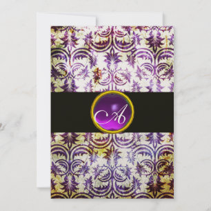 ANTIQUE DAMASK MONOGRAM,black white purple,gold Invitation