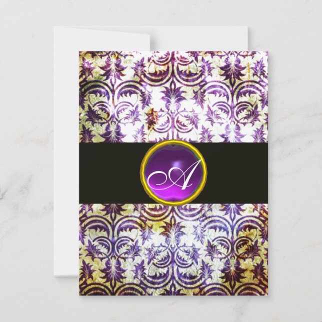 ANTIQUE DAMASK MONOGRAM,black white purple,gold Invitation (Front)