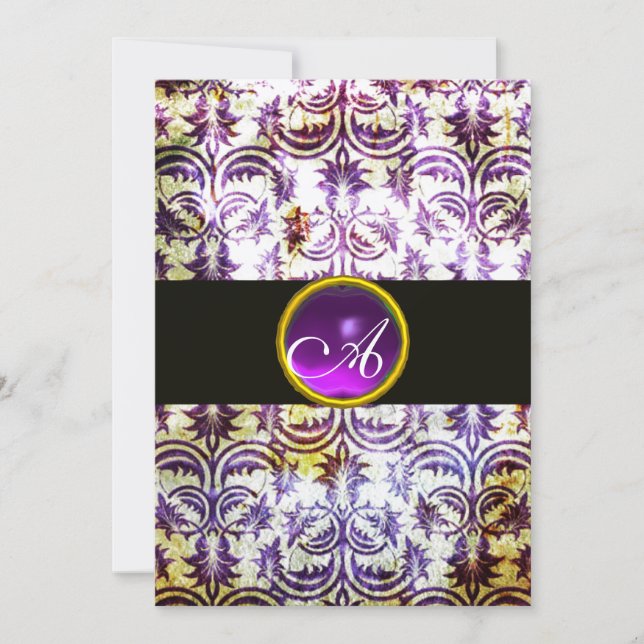 ANTIQUE DAMASK MONOGRAM,black white purple,silver Invitation (Front)