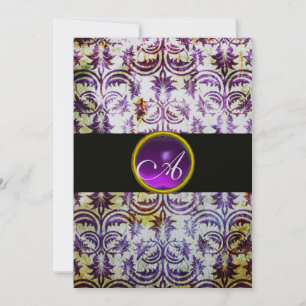 ANTIQUE DAMASK MONOGRAM,black white purple,silver Invitation