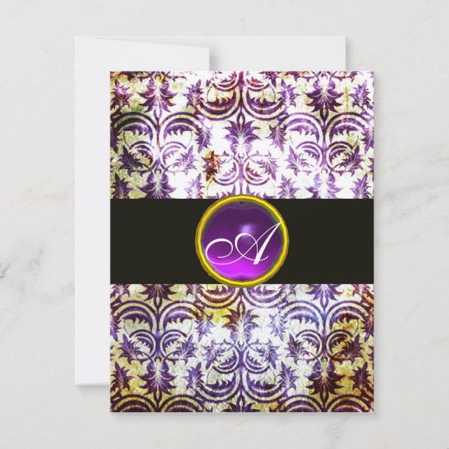 ANTIQUE DAMASK MONOGRAM,black white purple,silver Invitation (Front)