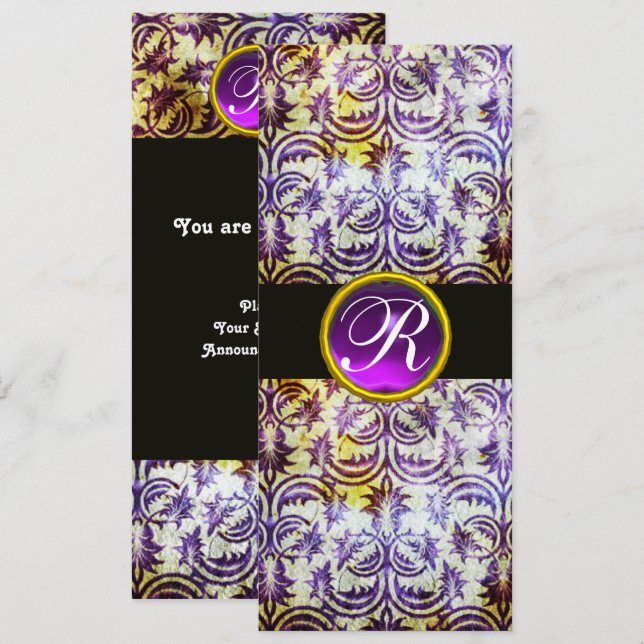 ANTIQUE DAMASK MONOGRAM,black white purple,silver Invitation (Front/Back)