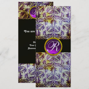 ANTIQUE DAMASK MONOGRAM,black white purple,silver Invitation