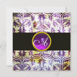 ANTIQUE DAMASK MONOGRAM ,white purple,black Invitation