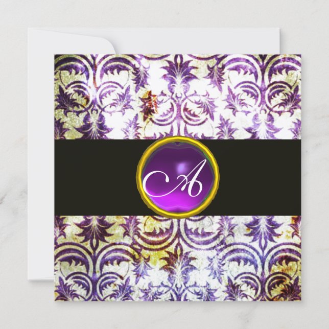 ANTIQUE DAMASK MONOGRAM ,white purple,champagne Invitation (Front)