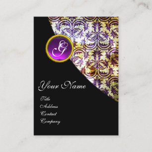 ANTIQUE DAMASK PURPLE AMETHYST MONOGRAM Black Business Card