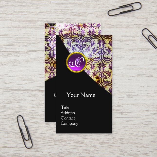 ANTIQUE DAMASK PURPLE GEMSTONE MONOGRAM Black Business Card (Front/Back In Situ)