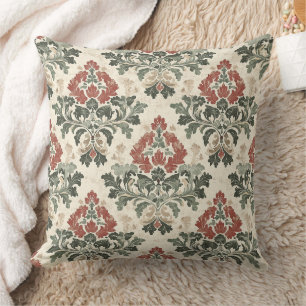 Antique Damask Red Green Beige Cushion