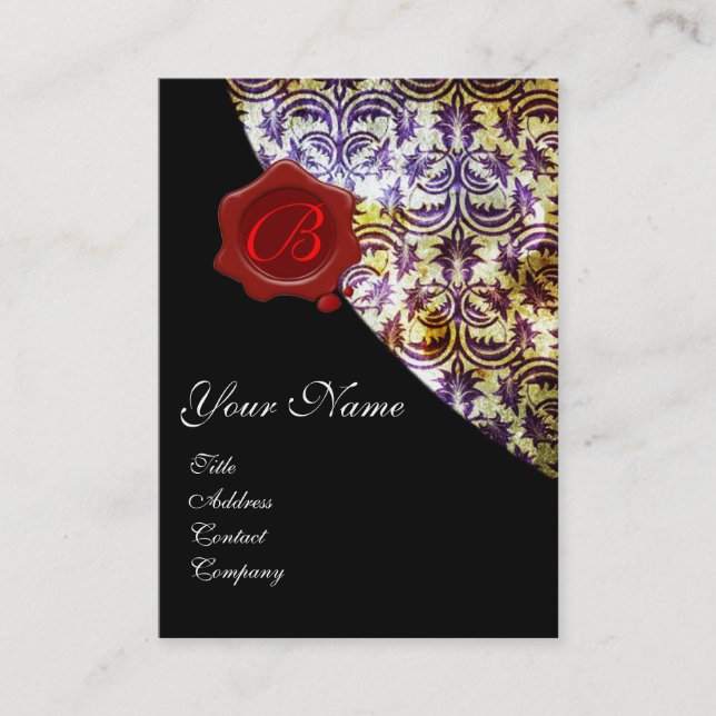 ANTIQUE DAMASK RED WAX SEAL MONOGRAM purple Business Card (Front)