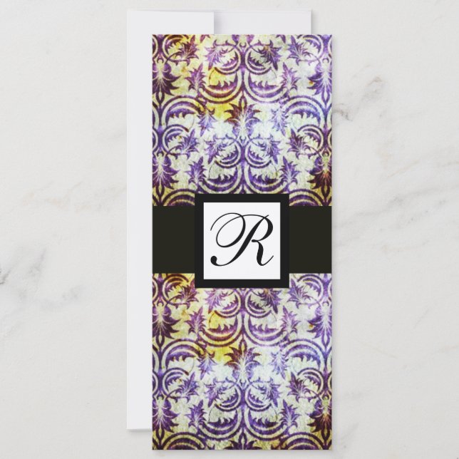 ANTIQUE DAMASK SQUARE MONOGRAM,black purple,gold Invitation (Front)