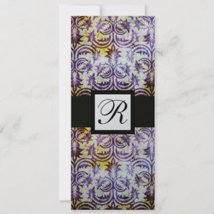 ANTIQUE DAMASK SQUARE MONOGRAM,black purple,silver Invitation