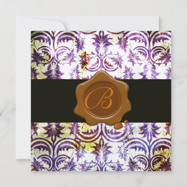 ANTIQUE DAMASK WAX SEAL MONOGRAM,purple,silver Invitation (Front)